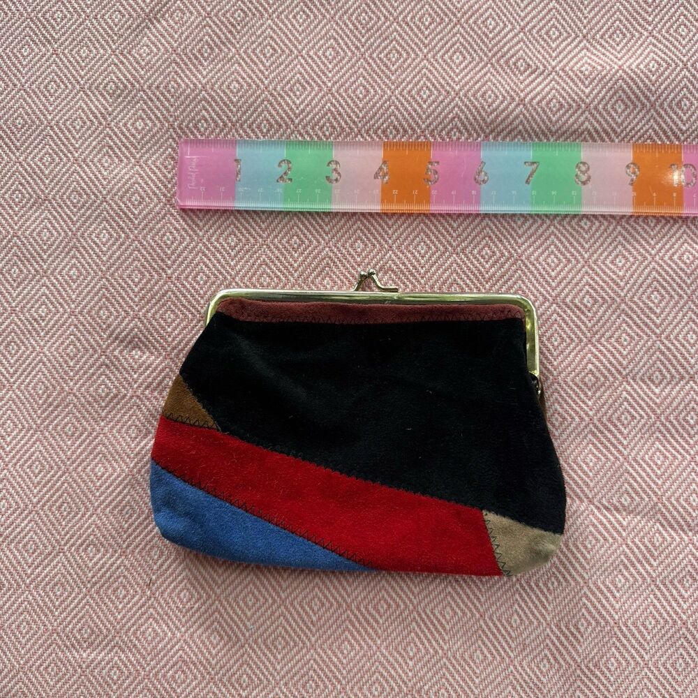 Vintage Patchwork Suede Leather Kiss Lock Clutch Wallet Coin Purse Boho Retro